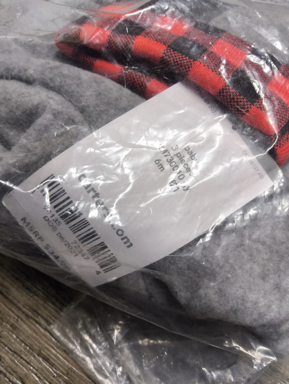 Carter's 3 Piece Size 6 Months Gray and Red Plaid Trim Baby Set